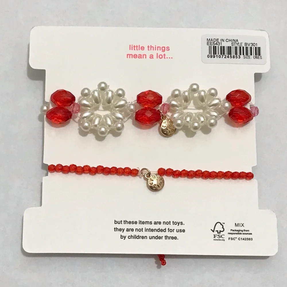 NWT Crewcuts Beaded Bracelet Set, Holiday Christmas Bow Red White J. Crew Girls